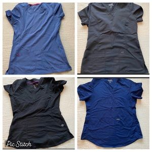 4 Women’s scrub tops: barely worn. HeartSoul/Sanibel/Purple Label